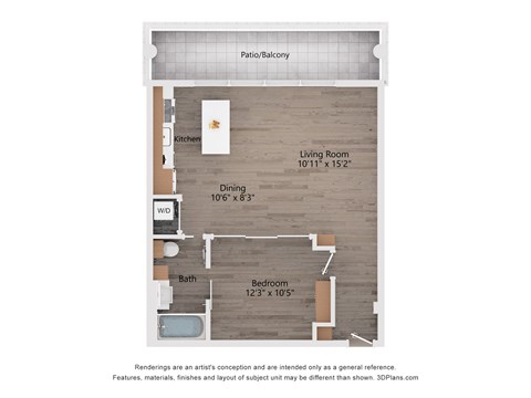 Floor plan for 1 bed, 1 bath, 766 sqft
