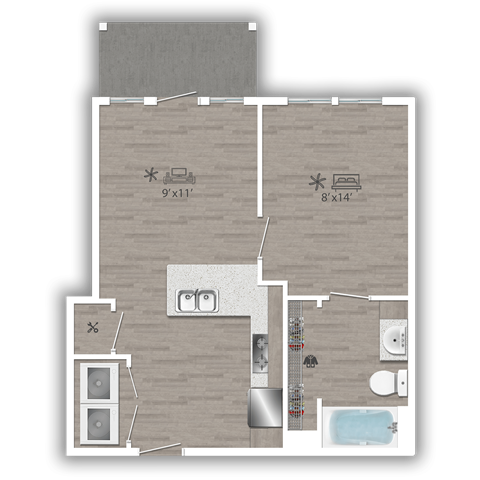 Floor plan for 1 bed, 1 bath, 539 sqft