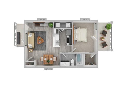 Floor plan for 1 bed, 1 bath, 677 sqft
