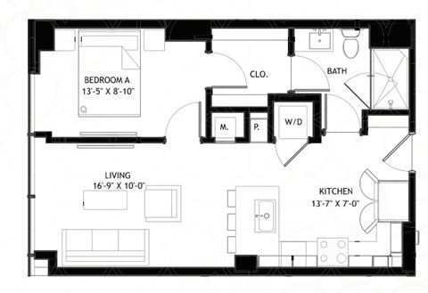 Floor plan for 1 bed, 1 bath, 621 sqft