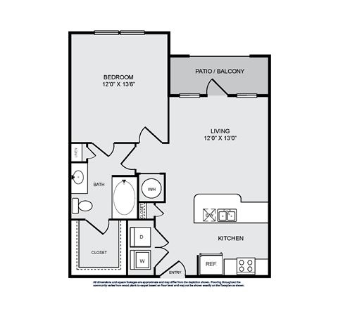 Floor plan for 1 bed, 1 bath, 660 sqft