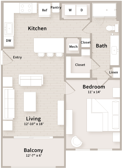 Floor plan for 1 bed, 1 bath, 709 sqft
