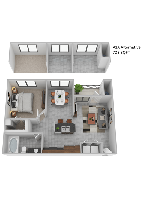 Floor plan for 1 bed, 1 bath, 655 sqft