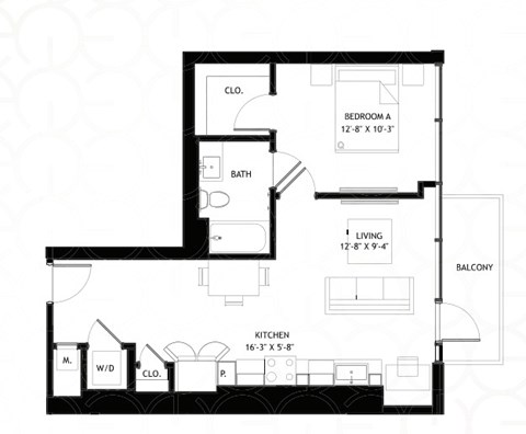 Floor plan for 1 bed, 1 bath, 695 sqft