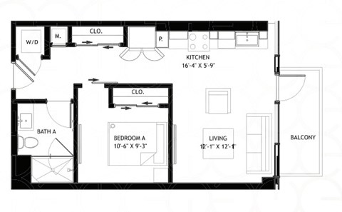Floor plan for 1 bed, 1 bath, 589 sqft