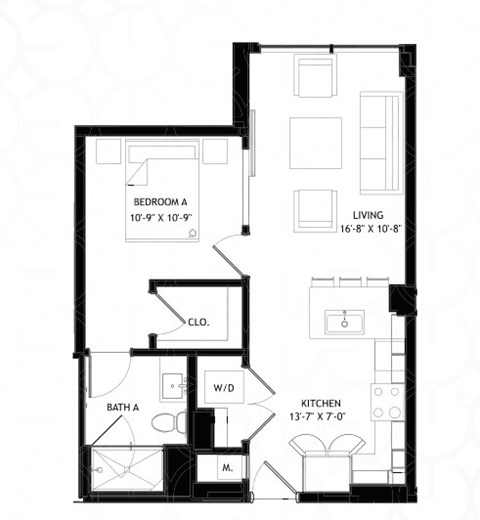 Floor plan for 1 bed, 1 bath, 634 sqft