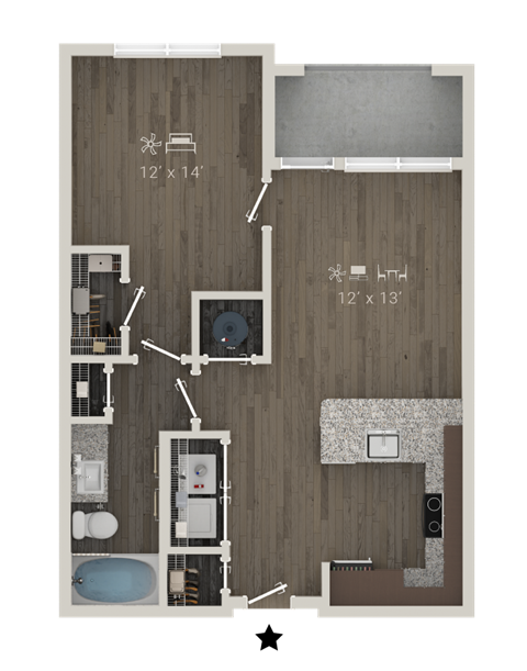 Floor plan for 1 bed, 1 bath, 739 sqft
