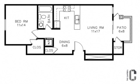 Floor plan for 1 bed, 1 bath, 668 sqft