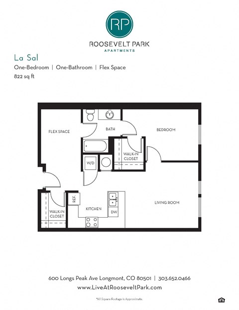 Floor plan for 1 bed, 1 bath, 822 sqft