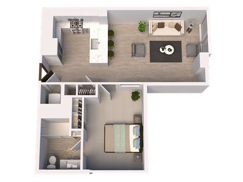 Floor plan for 1 bed, 1 bath, 730 sqft