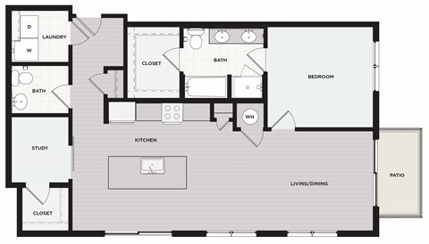 Floor plan for 1 bed, 1 bath, 973 sqft