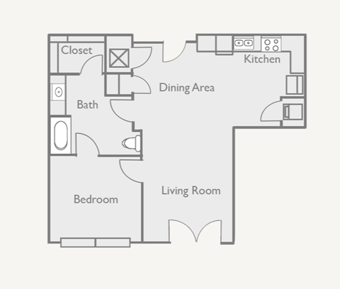 Floor plan for 1 bed, 1 bath, 813 sqft