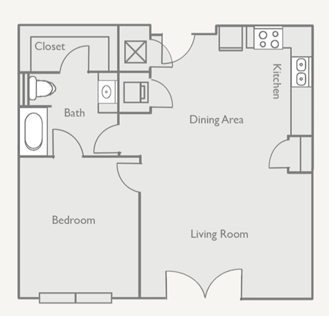 Floor plan for 1 bed, 1 bath, 857 sqft