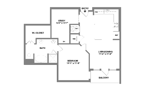 Floor plan for 1 bed, 1 bath, 848 sqft