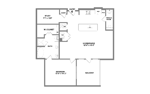 Floor plan for 1 bed, 1.5 baths, 1019 sqft