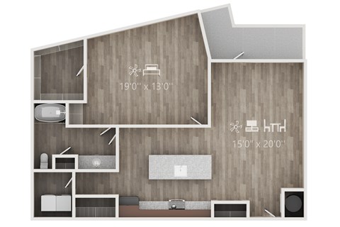 Floor plan for 1 bed, 1 bath, 1211 sqft