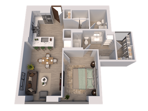 Floor plan for 1 bed, 1 bath, 841 sqft
