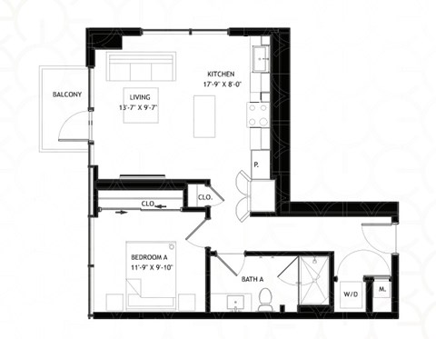 Floor plan for 1 bed, 1 bath, 669 sqft