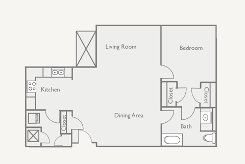 Floor plan for 1 bed, 1 bath, 1032 sqft