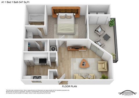 Floor plan for 1 bed, 1 bath, 547 sqft