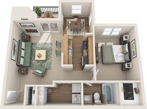 Floor plan for 1 bed, 1 bath, 685 sqft