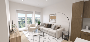 Omaha apartment for rent - A modern living room with a large window overlooking the city.