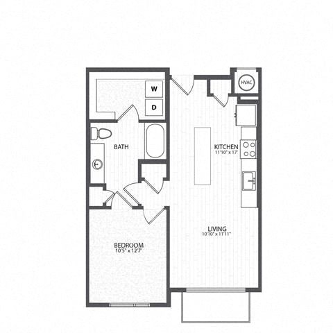 Floor plan for 1 bed, 1 bath, 733 sqft