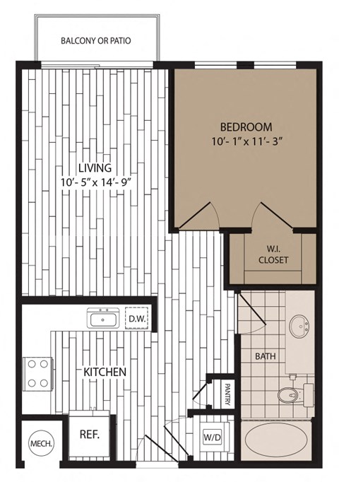 Floor plan for 1 bed, 1 bath, 638 sqft