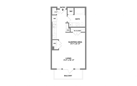 Floor plan for 1 bed, 1 bath, 542 sqft