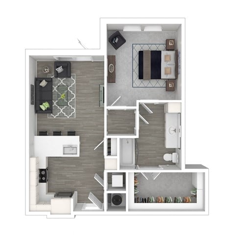 Floor plan for 1 bed, 1 bath, 743 sqft