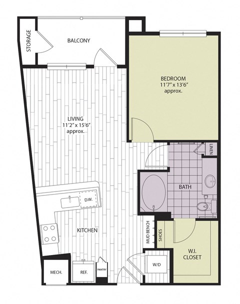Floor plan for 1 bed, 1 bath, 739 sqft