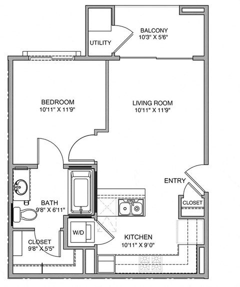 Floor plan for 1 bed, 1 bath, 605 sqft