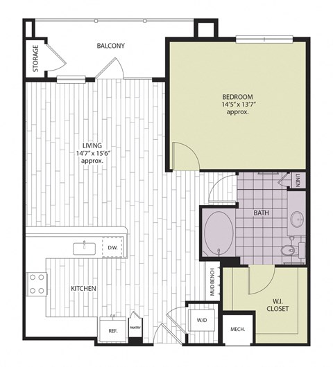 Floor plan for 1 bed, 1 bath, 914 sqft