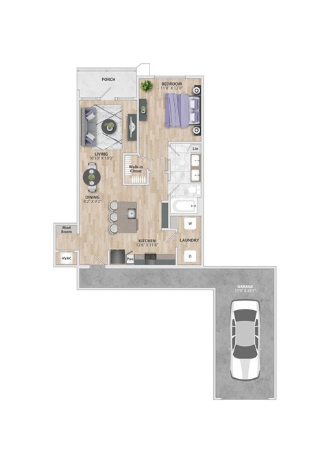 Floor plan for 1 bed, 1 bath, 844 sqft