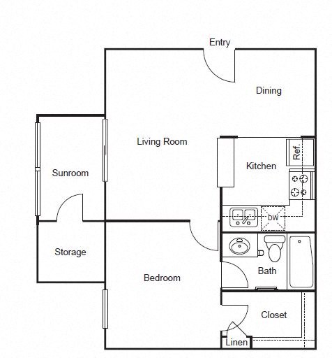 Floor plan for 1 bed, 1 bath, 666 sqft