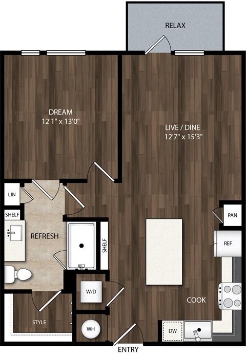 Floor plan for 1 bed, 1 bath, 665 sqft