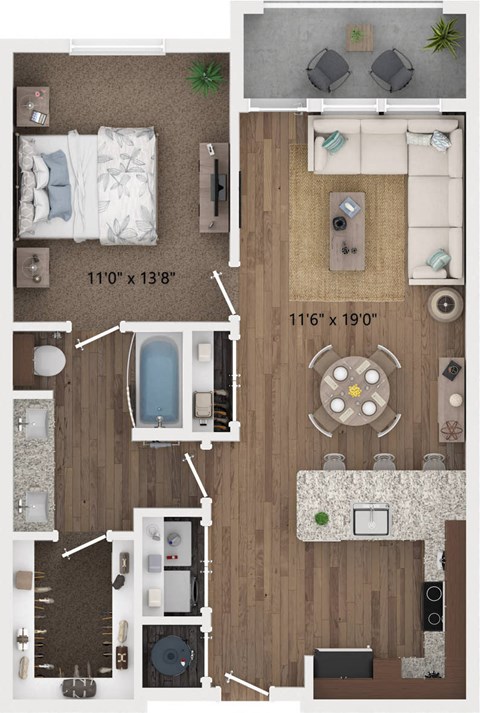 Floor plan for 1 bed, 1 bath, 743 sqft