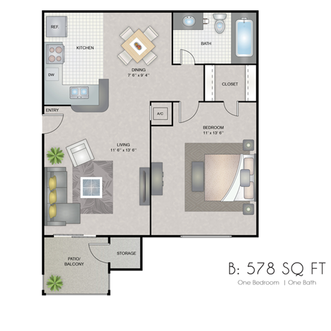 Floor plan for 1 bed, 1 bath, 578 sqft