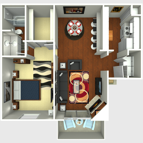 Floor plan for 1 bed, 1 bath, 735 sqft