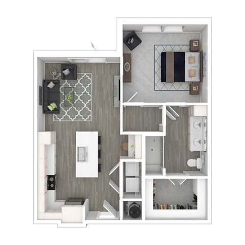 Floor plan for 1 bed, 1 bath, 764 sqft