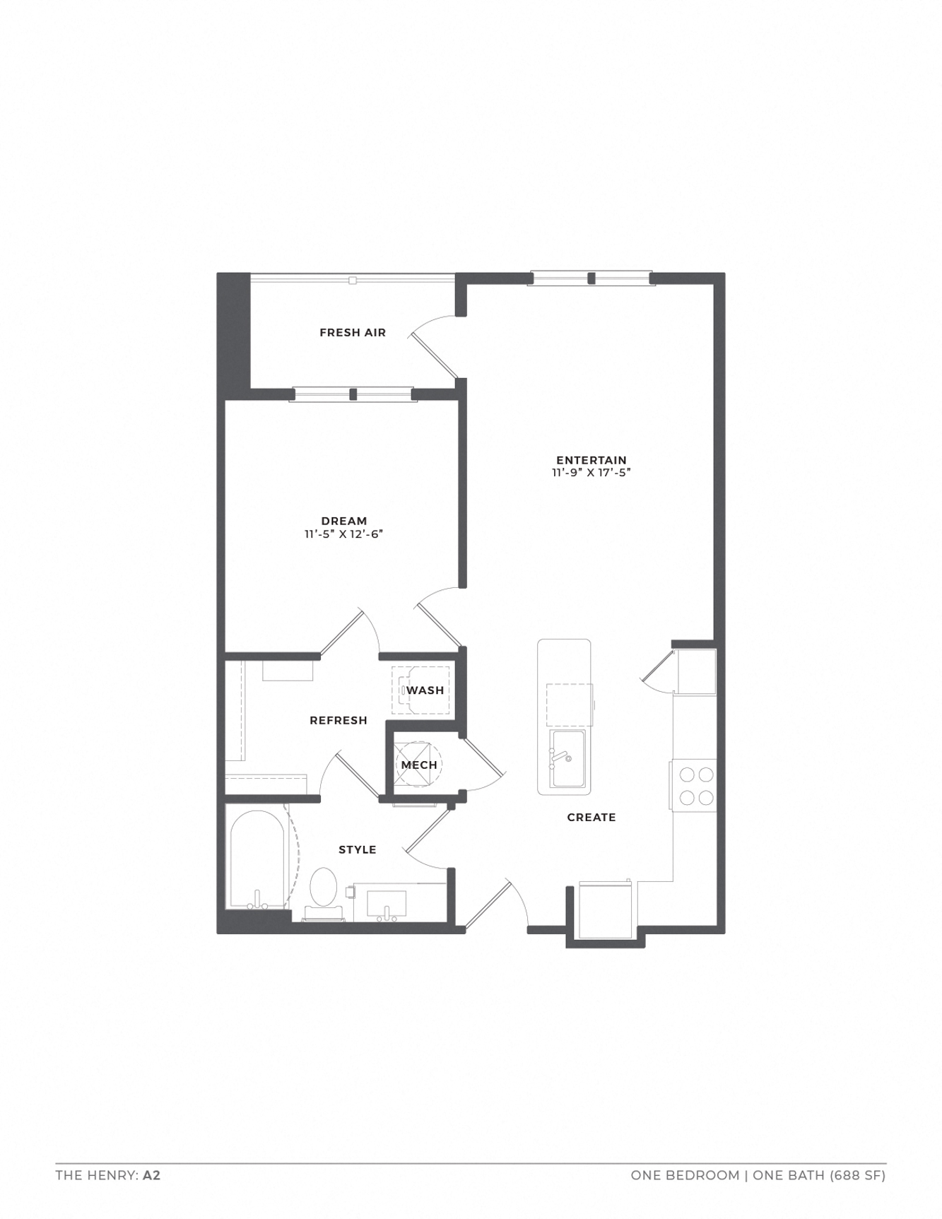 Floor plan for 1 bed, 1 bath, 688 sqft