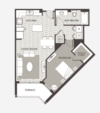 Floor plan for 1 bed, 1 bath, 770 sqft