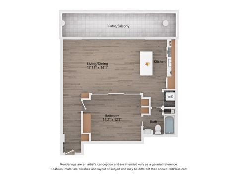 Floor plan for 1 bed, 1 bath, 976 sqft