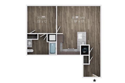 Floor plan for 1 bed, 1 bath, 732 sqft