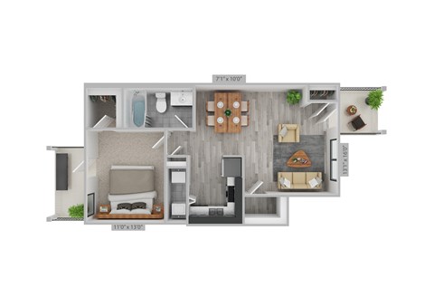 Floor plan for 1 bed, 1 bath, 694 sqft