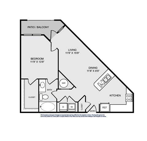 Floor plan for 1 bed, 1 bath, 768 sqft