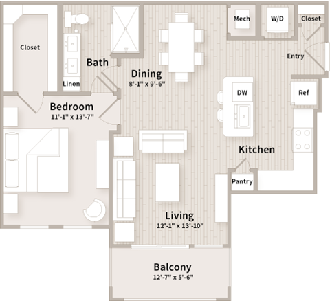 Floor plan for 1 bed, 1 bath, 777 sqft