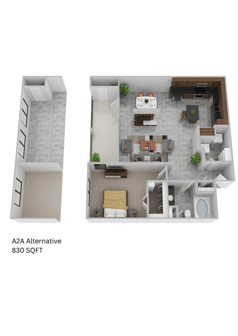 Floor plan for 1 bed, 1 bath, 754 sqft