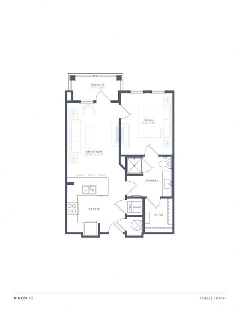 Floor plan for 1 bed, 1 bath, 688 sqft