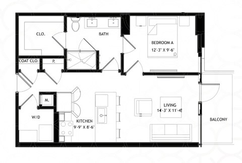 Floor plan for 1 bed, 1 bath, 675 sqft